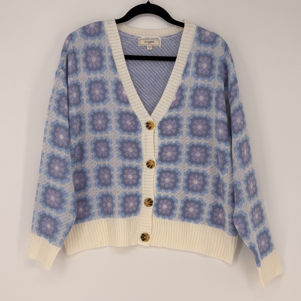 No Comment Cardigan Womens XL Blue Floral‎ Granny Square Knit V-Neck cottagecore